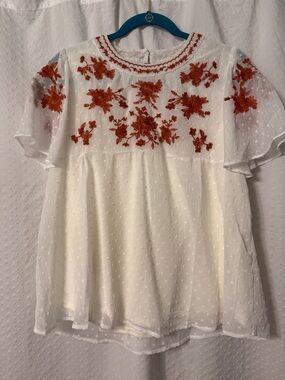 Polagram White Swiss Dot Blouse with Rust Floral Embroidery